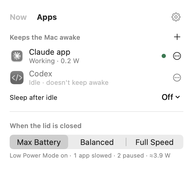 Nocturnal's Apps tab: what keeps it awake and what closing the lid slows or pauses