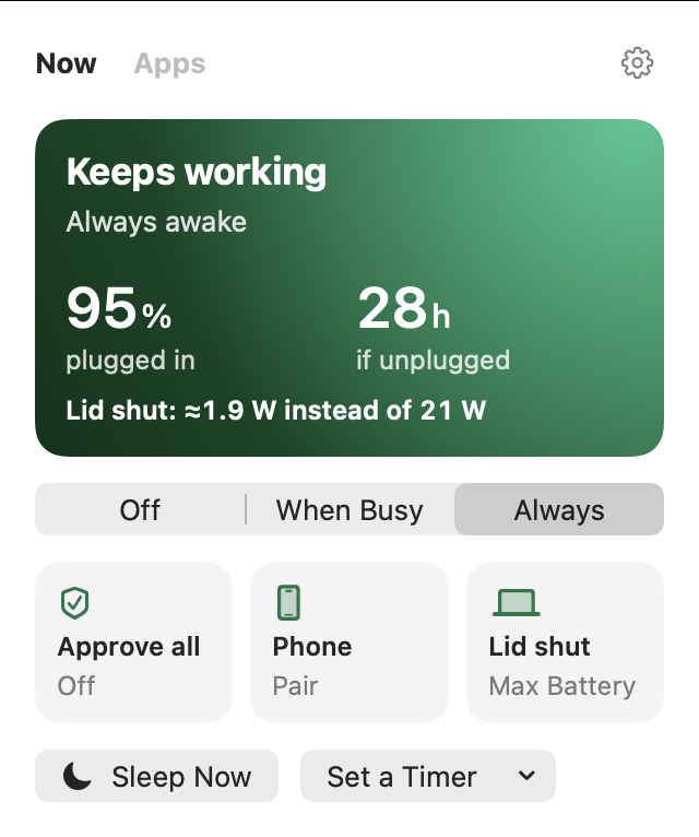 Nocturnal's menu: Keeps working, battery and hours left, Off / When Busy / Always, and tiles for Approve all, Phone and Lid shut