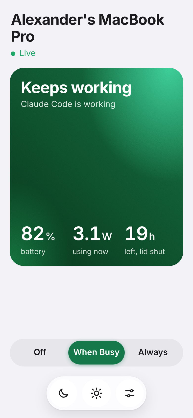 Nocturnal on a phone: Keeps working, battery, the keep-awake slider